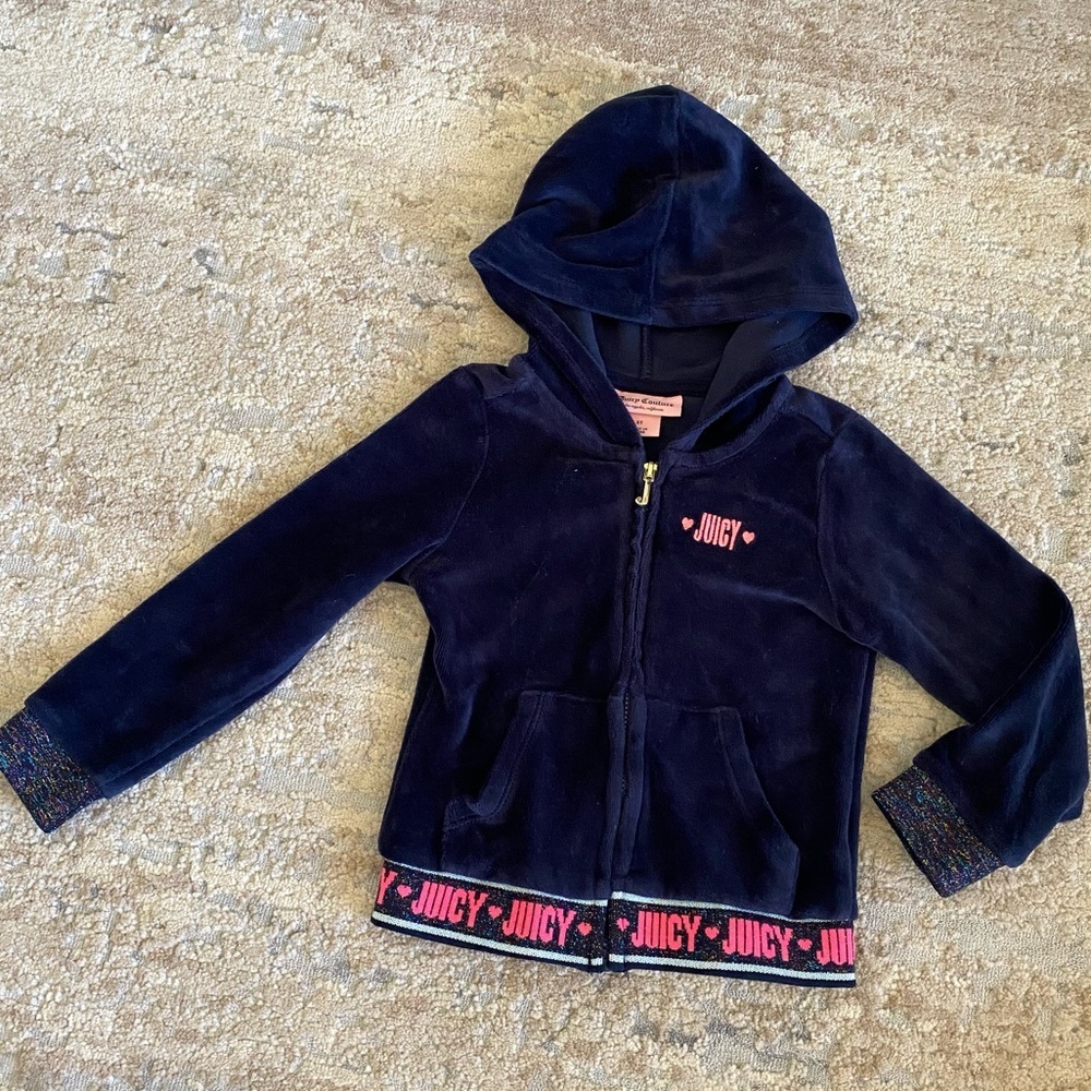 Juicy Couture Full Zip Velour Hoodie Jacket Blue Logo Waistband Embroidered: 3T